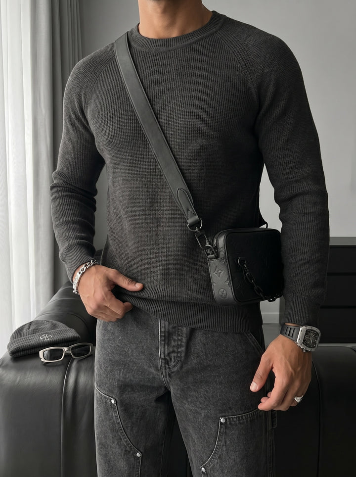 Slim Fit Thin Knit Sweater - Anthracite