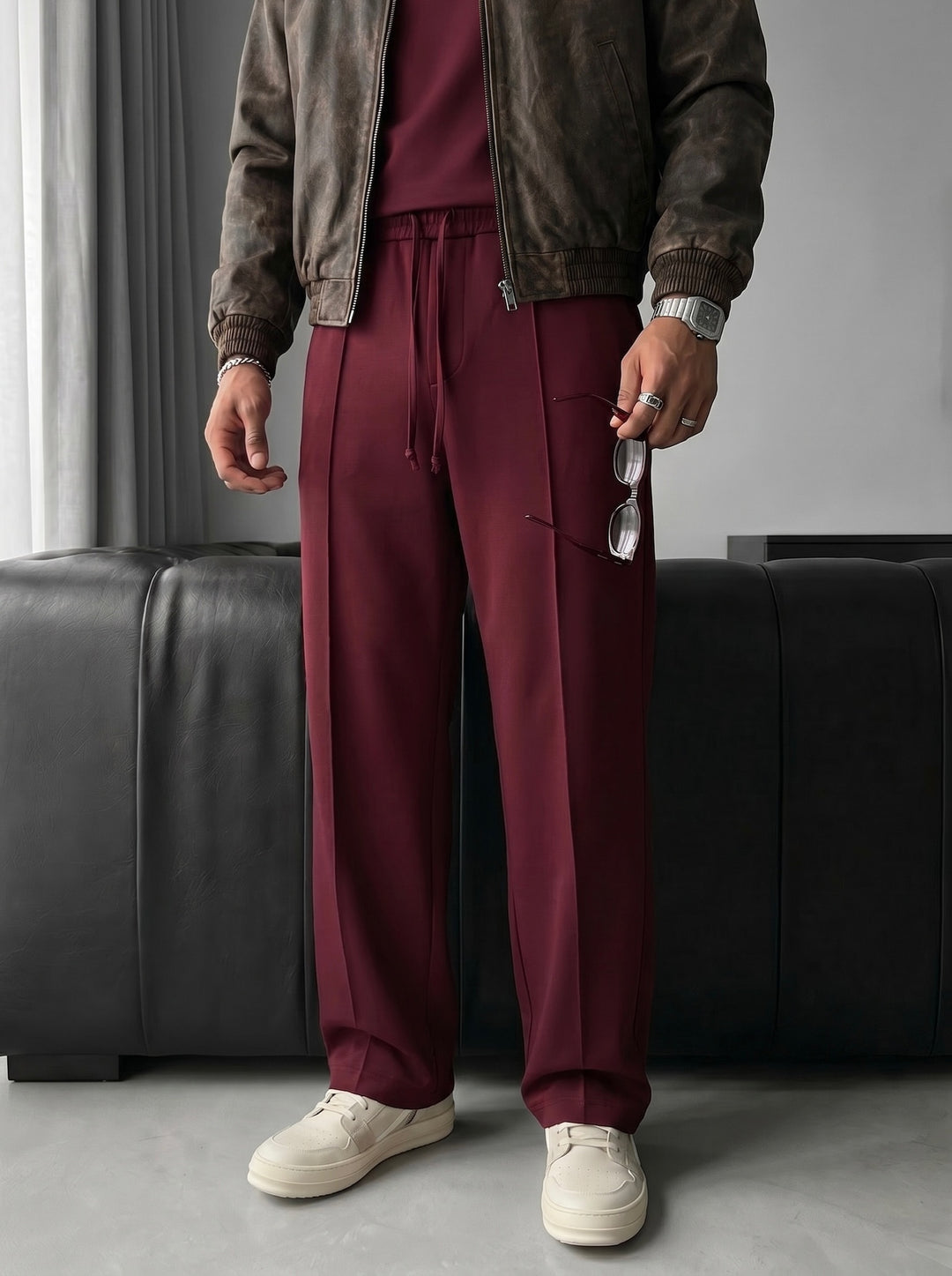 Loose Fit Diver Fabric Trousers - Bordeaux