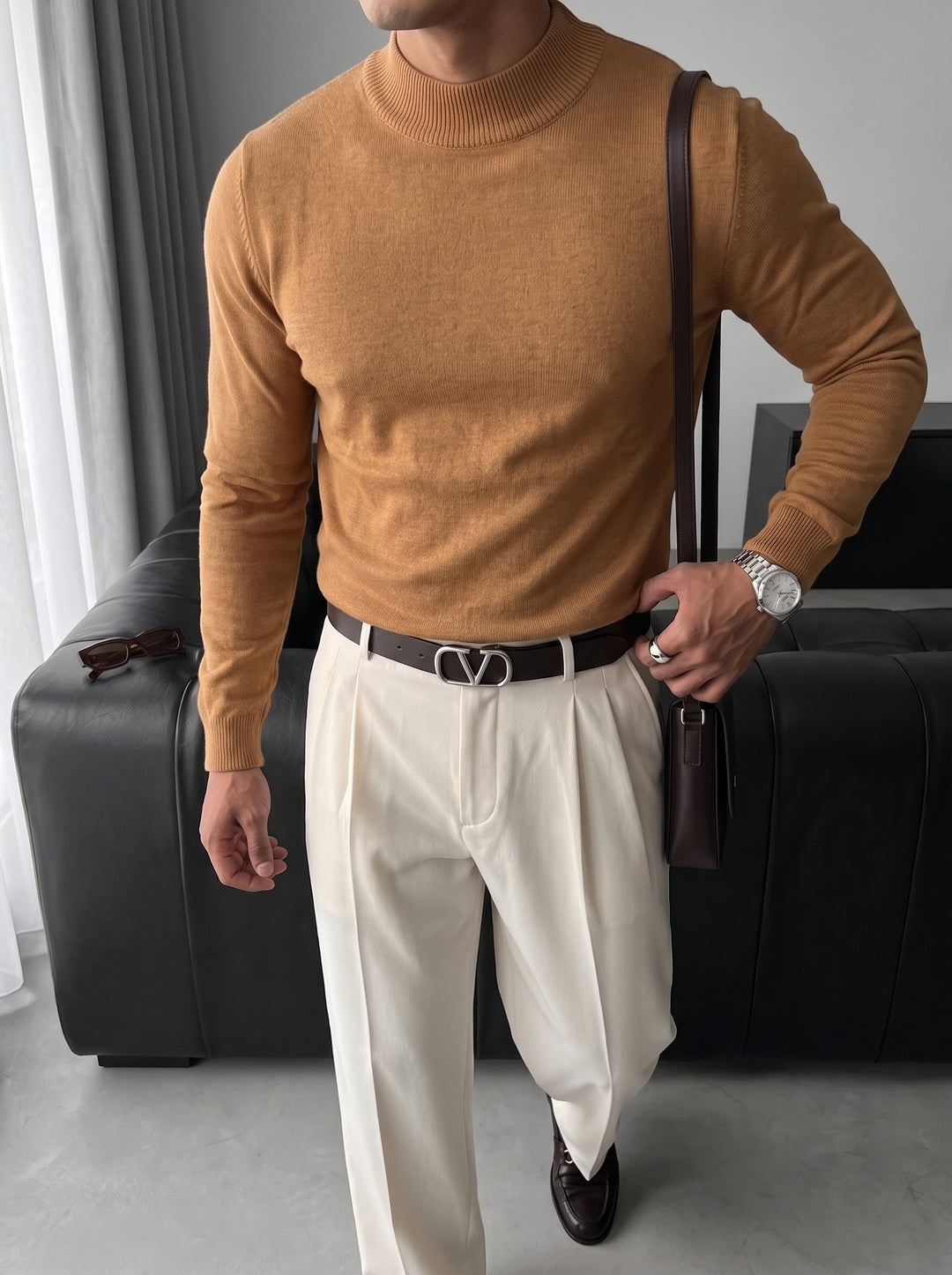 Loose Fit Half Neck Pullover - Camel
