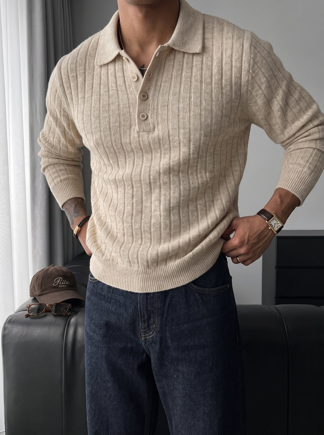 Loose Fit Polo Knit Pullover - Beige