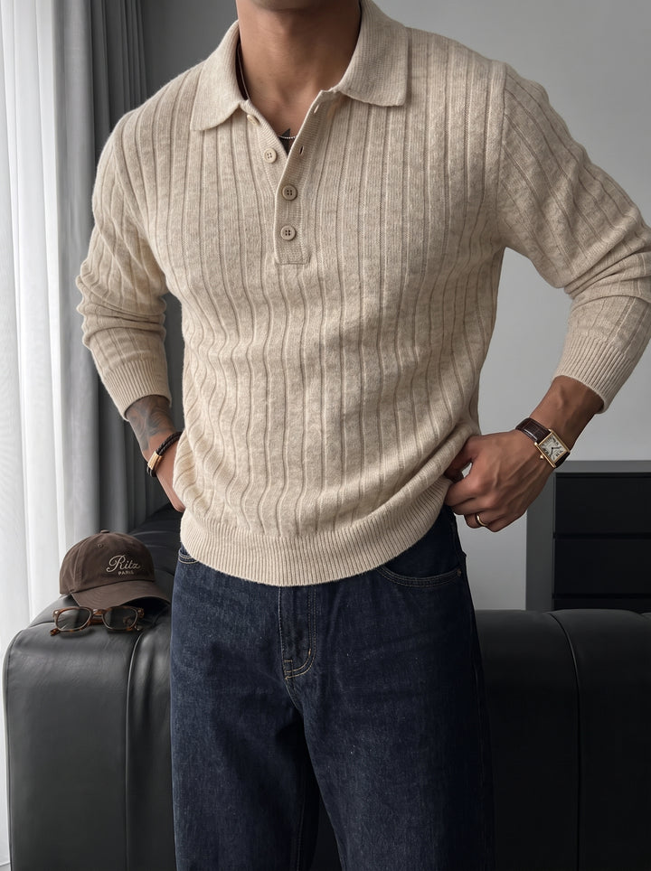 Loose Fit Polo Knit Pullover - Beige