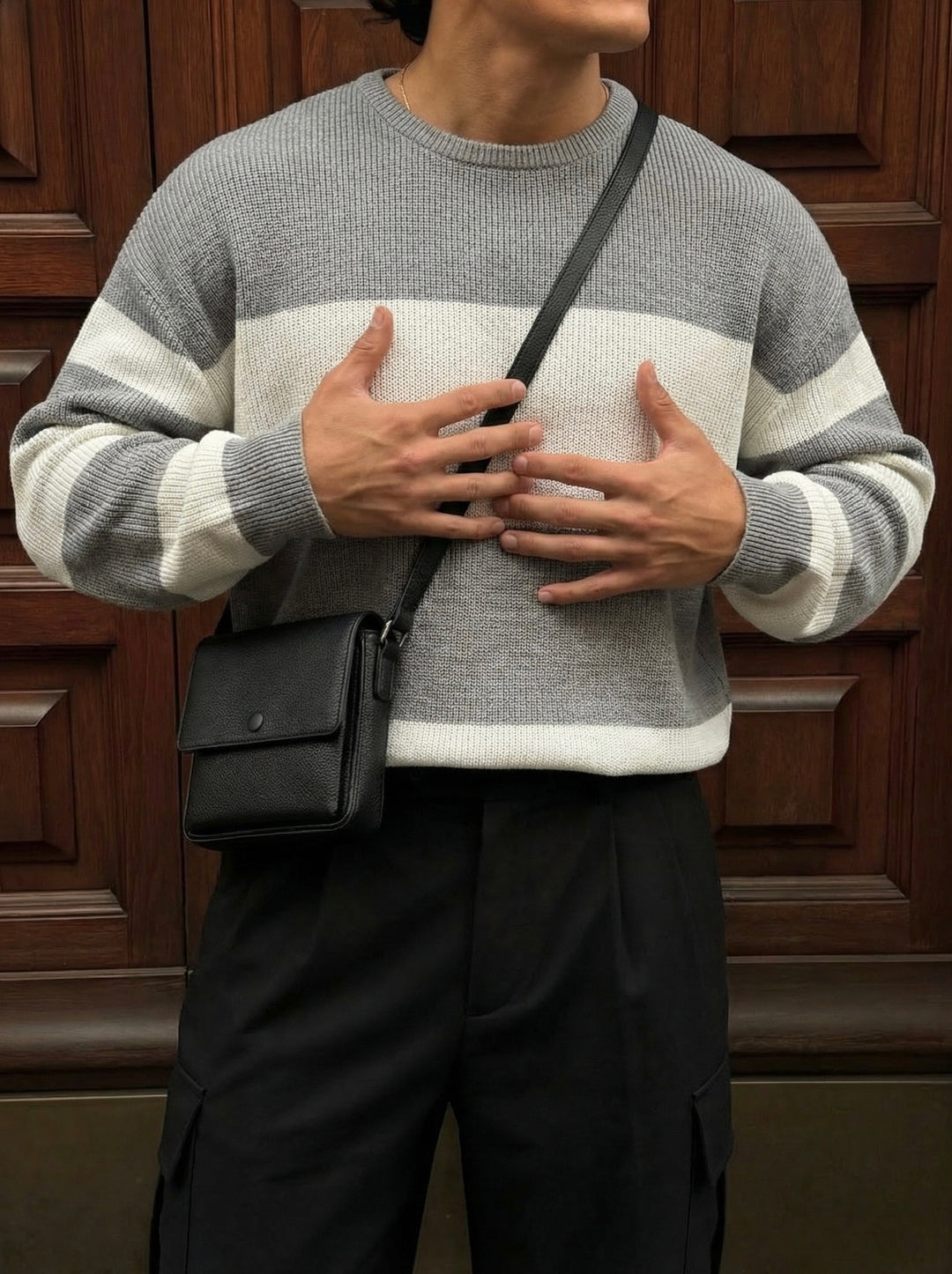 Loose Fit Strip Knit Sweater - Grey