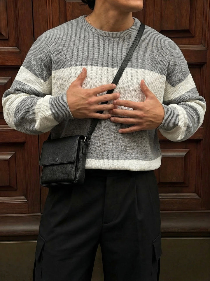 Loose Fit Strip Knit Sweater - Grey