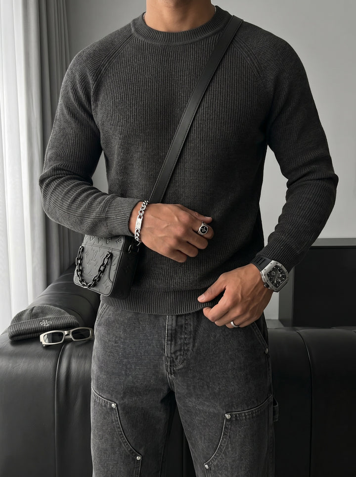 Slim Fit Thin Knit Sweater - Anthracite