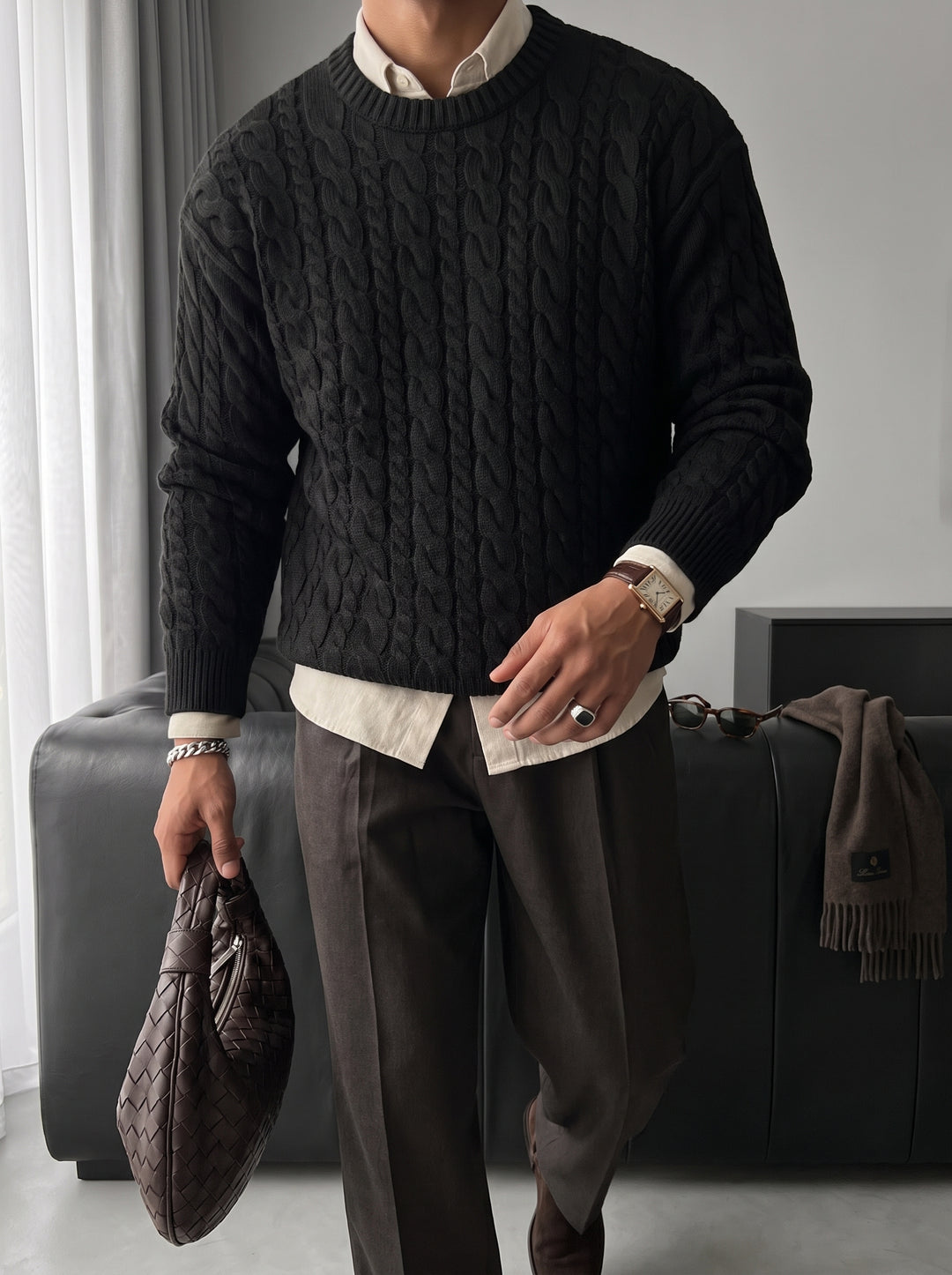 Oversize Knit Braid Sweater - Black