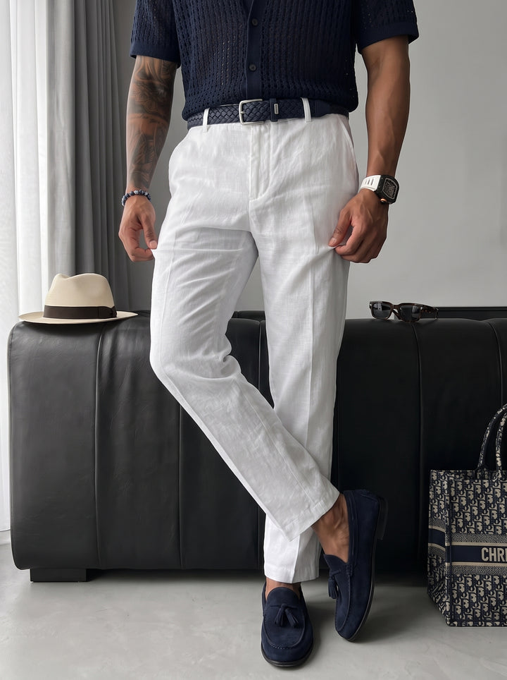Loose Fit Linen Trousers - White