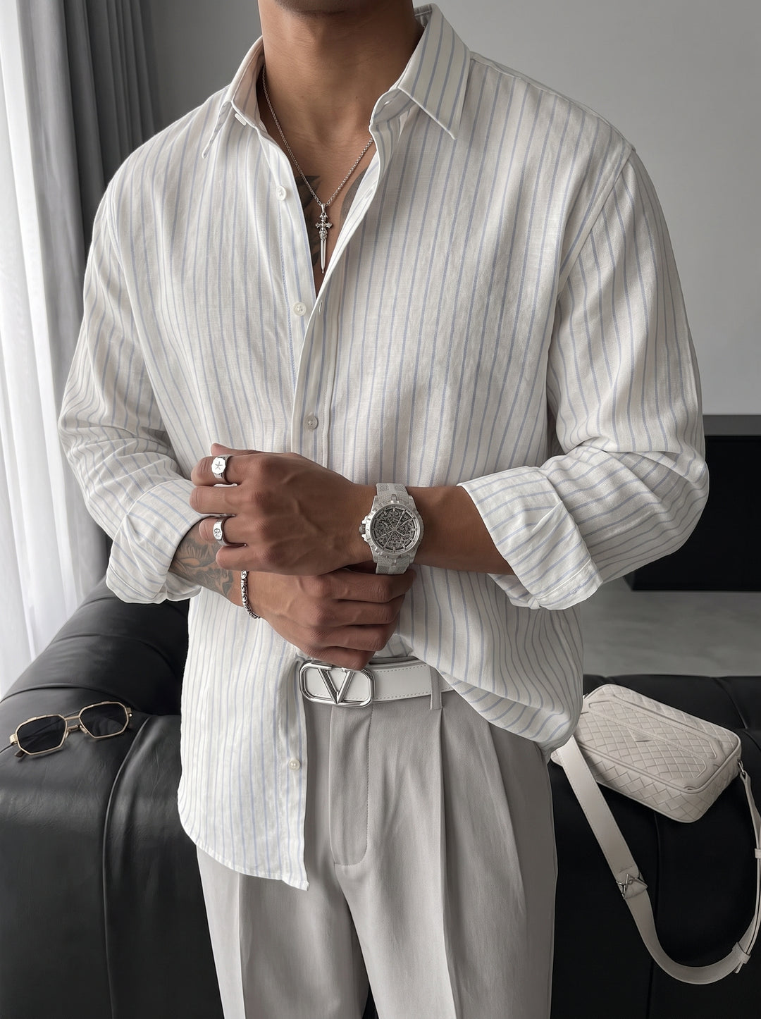 Oversize Cotton Thin Striped Shirt - Ecru and Blue