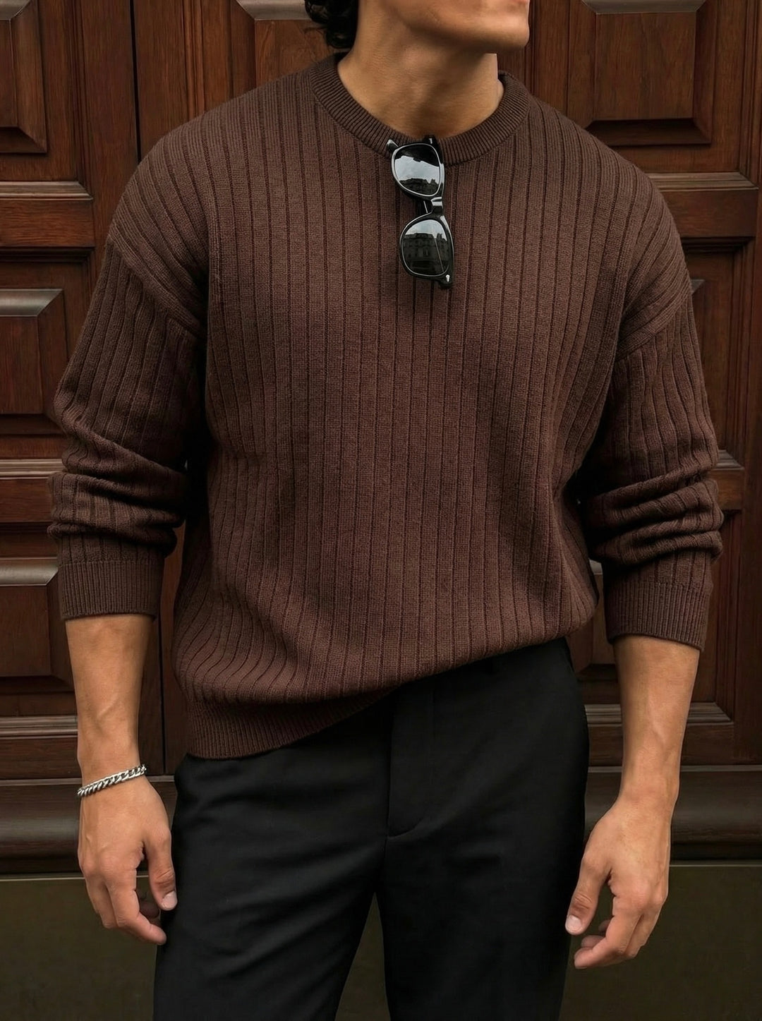 Oversize Wide Ribbed Long Arm Knit Sweatshirt - Dark Brown
