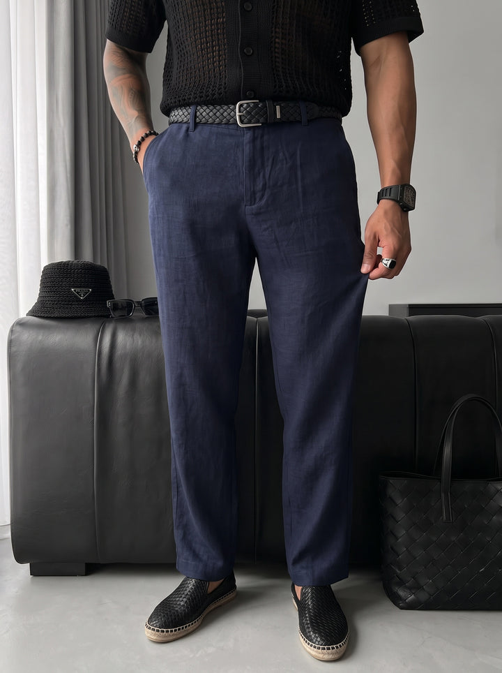 Loose Fit Linen Trousers - Navy Blue