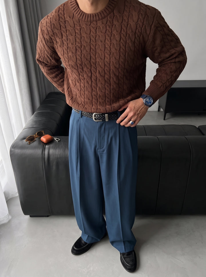 Oversize Knit Braid Sweater - Dark Brown
