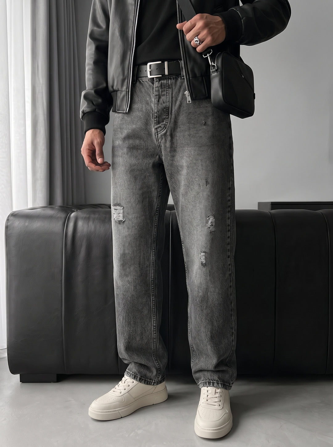Boyfriend Washed Torn Jeans - Anthracite