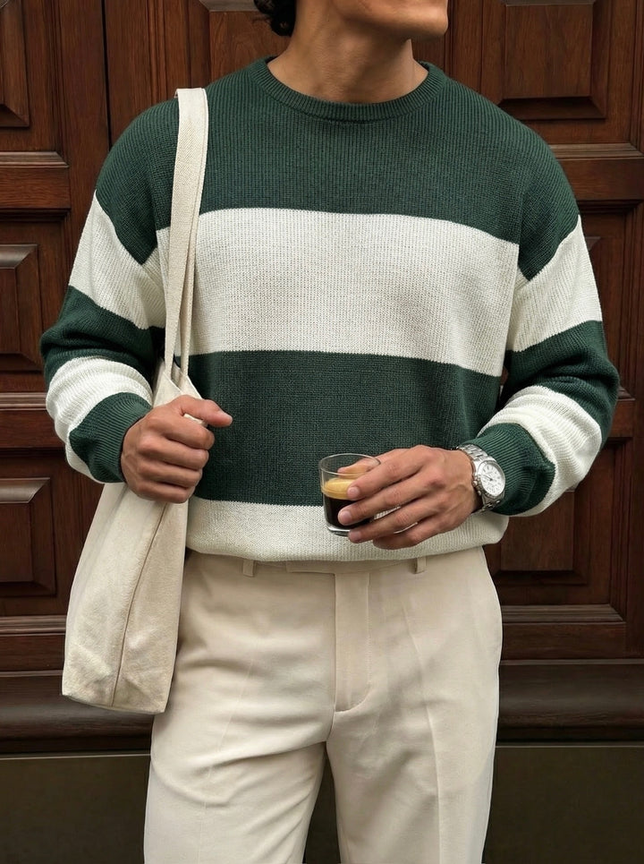 Loose Fit Strip Knit Sweater - Petrol