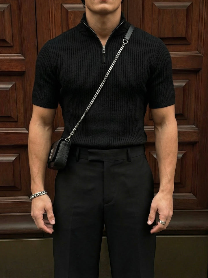 Slim Fit Mock Neck Zip T-shirt - Black