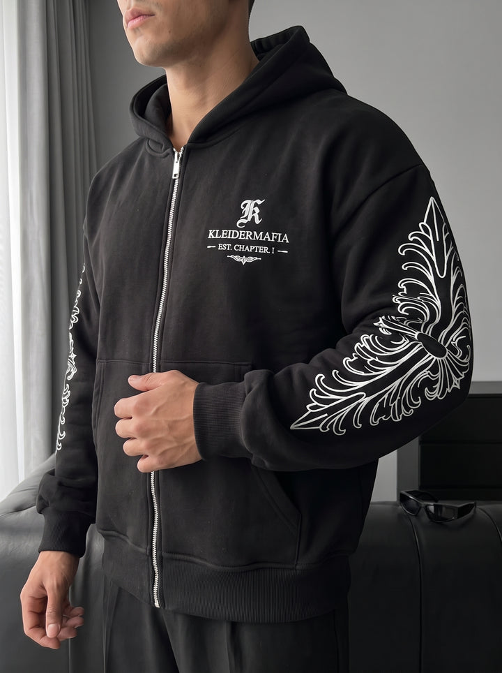 Oversize Motif Zipper Hoodie - Black