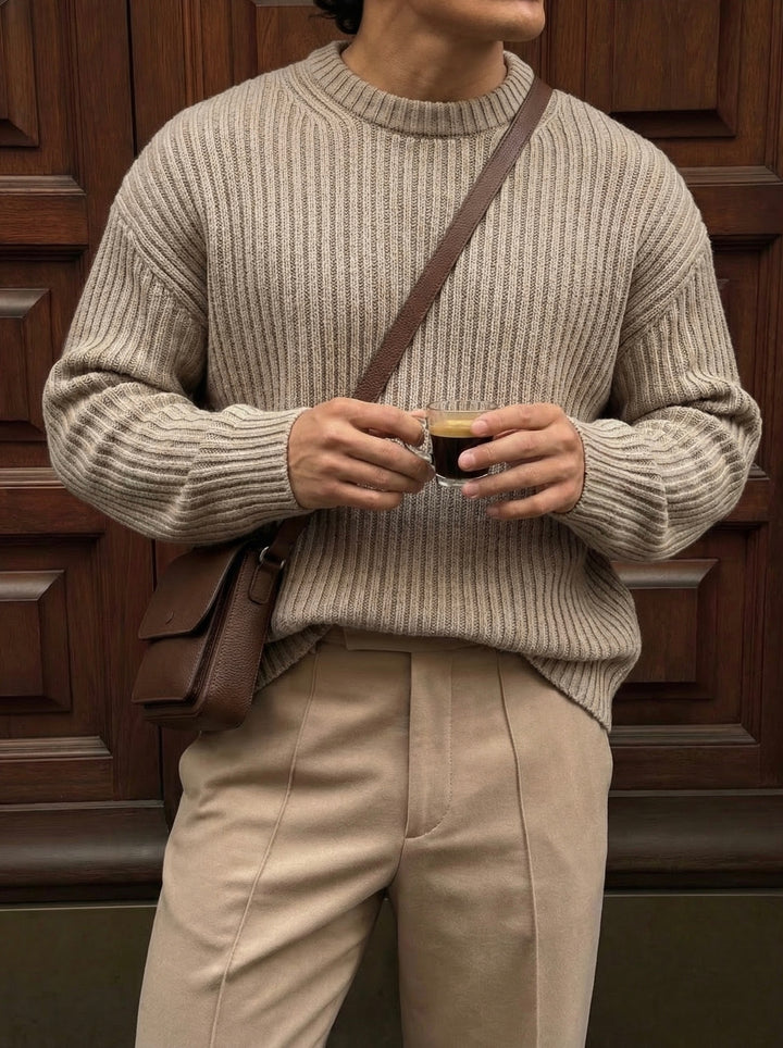 Loose Fit Striped Structure Pullover - Simply Taupe