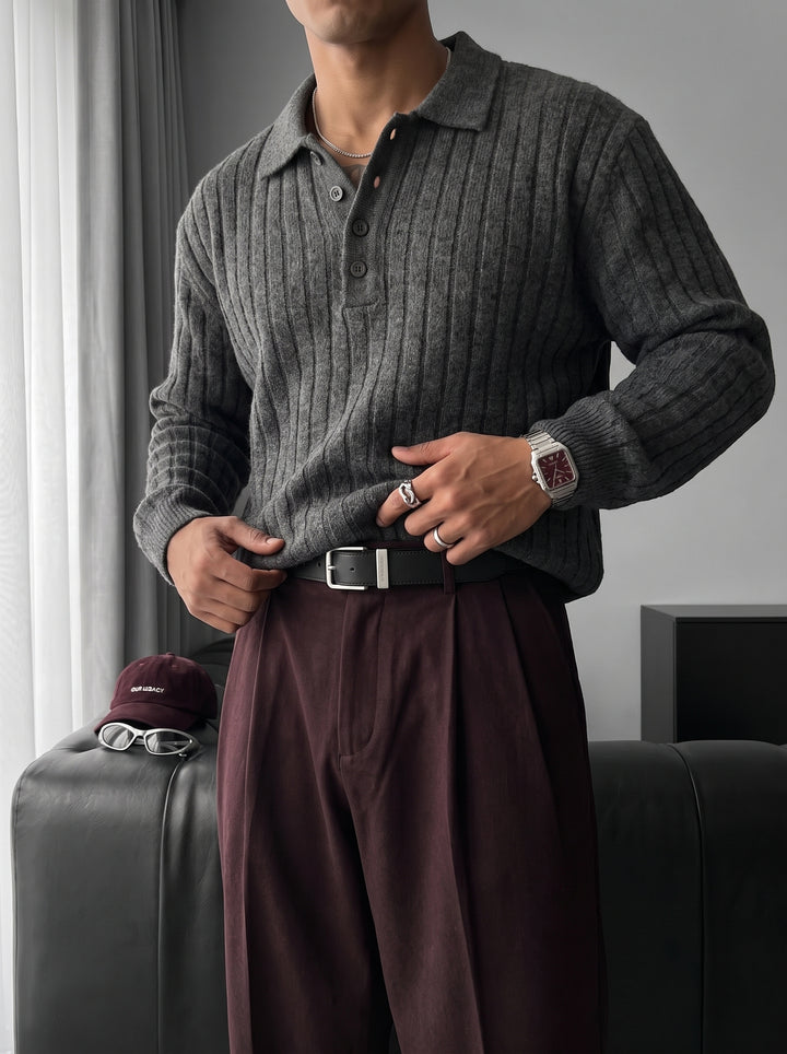 Loose Fit Polo Knit Pullover - Anthracite