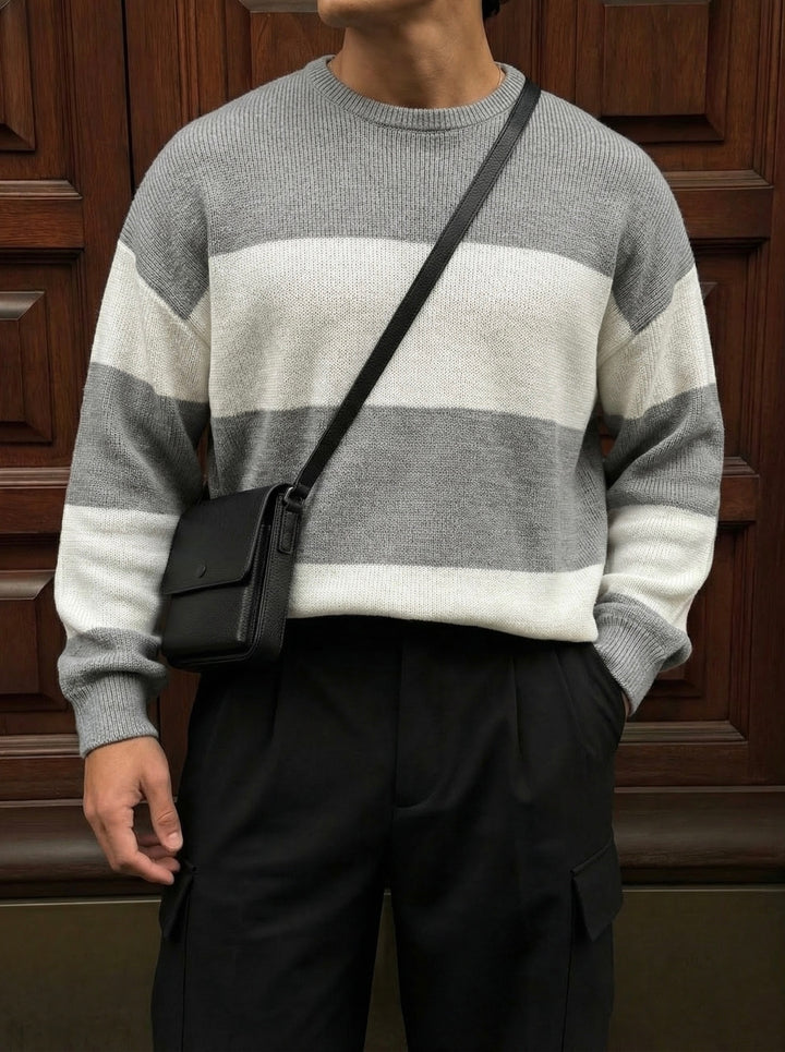 Loose Fit Strip Knit Sweater - Grey