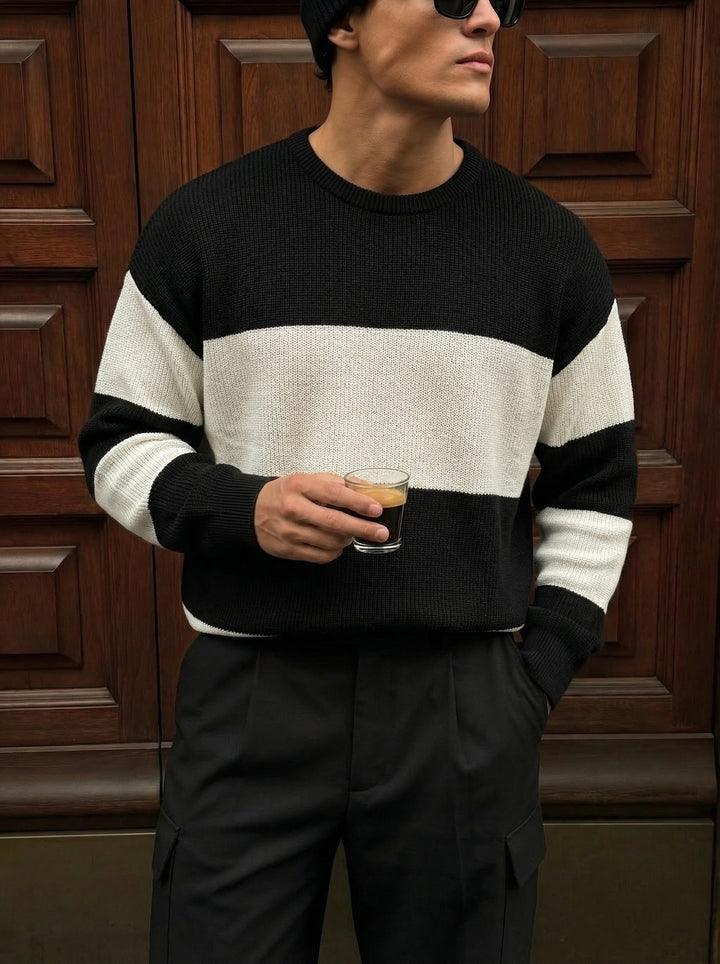 Loose Fit Strip Knit Sweater - Black