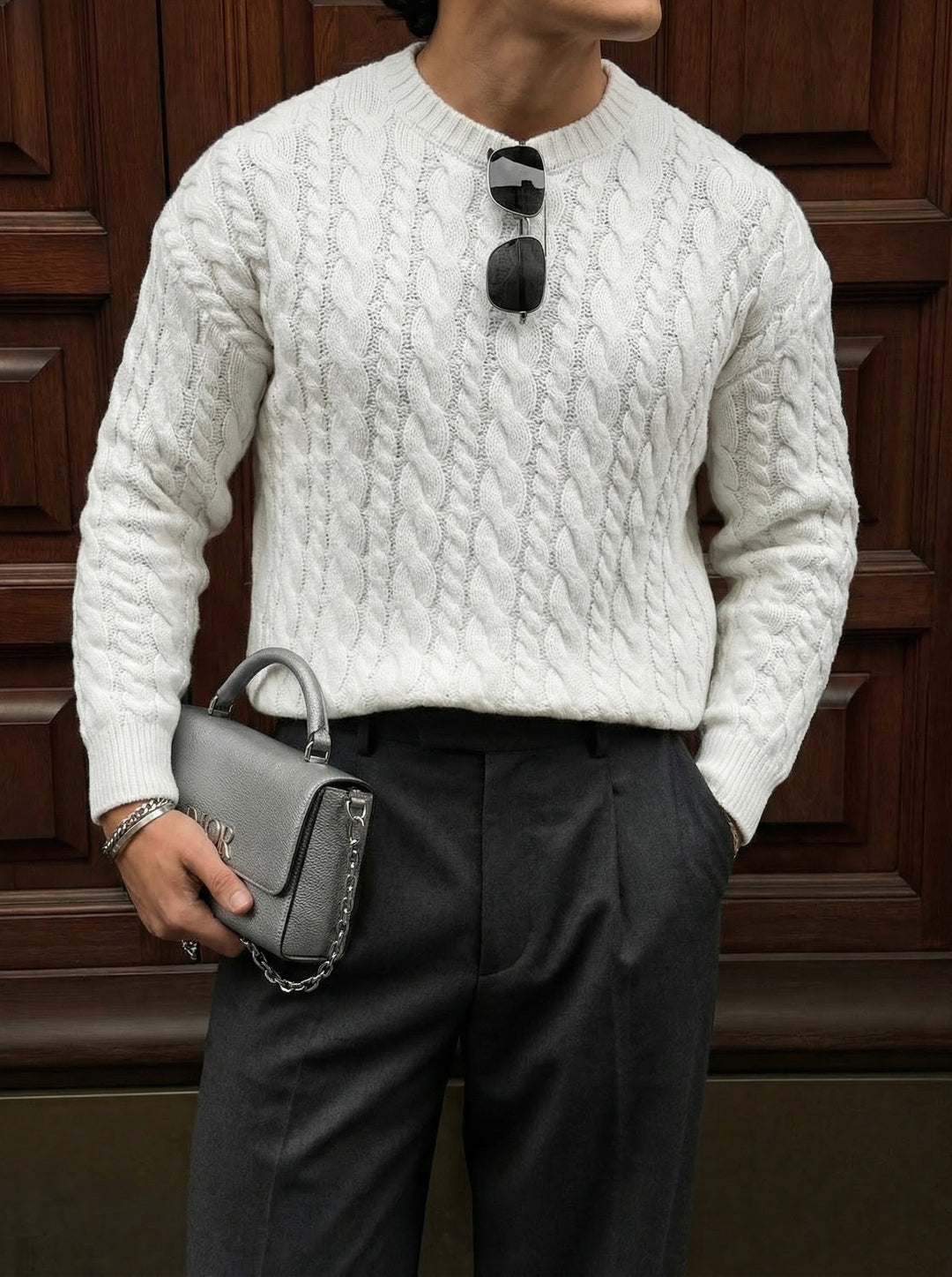 Oversize Knit Braid Sweater - White