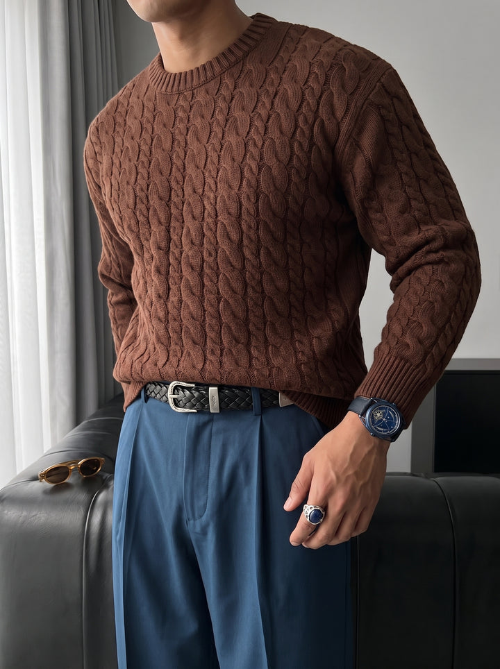 Oversize Knit Braid Sweater - Dark Brown