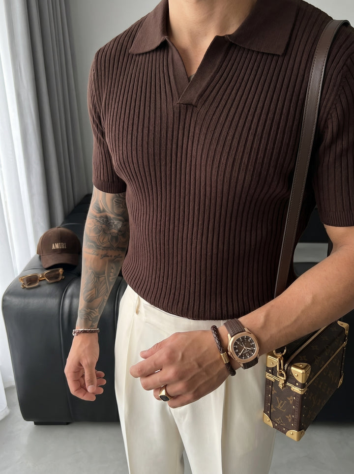Slim Fit Knit Polo T-Shirt - Dark Brown