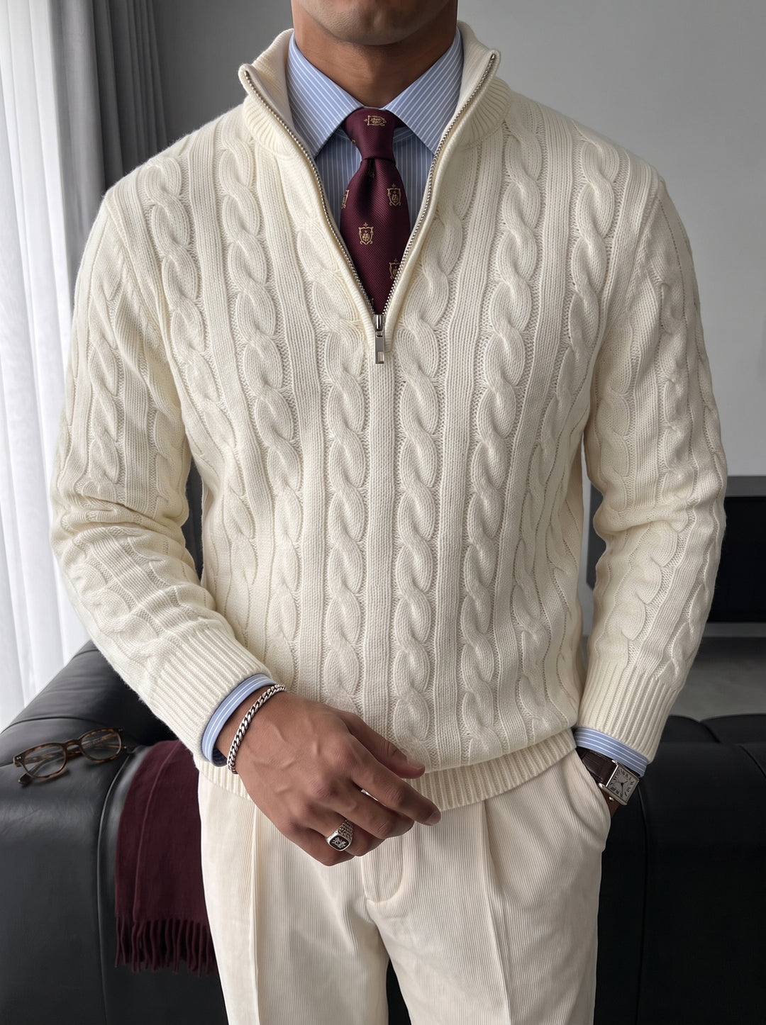 Oversize Collar Braid Pullover - Ecru
