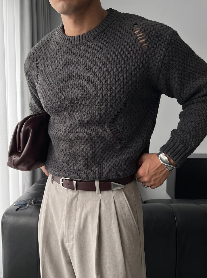 Regular Fit Textured Torn Sweater - Anthracite