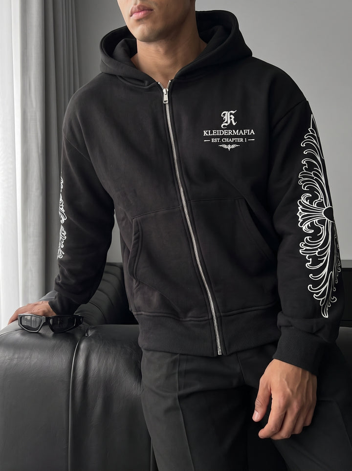 Oversize Motif Zipper Hoodie - Black