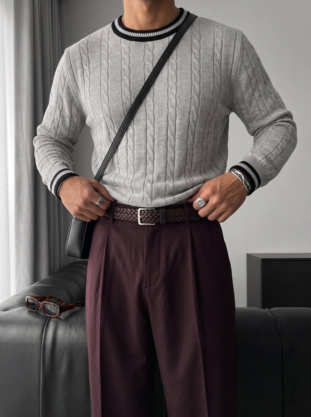 Regular Fit Braid Knit Sweater - Grey
