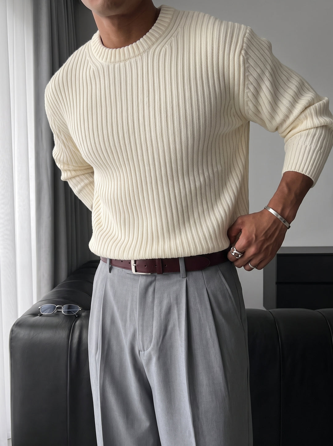 Loose Fit Striped Structure Pullover - Ecru