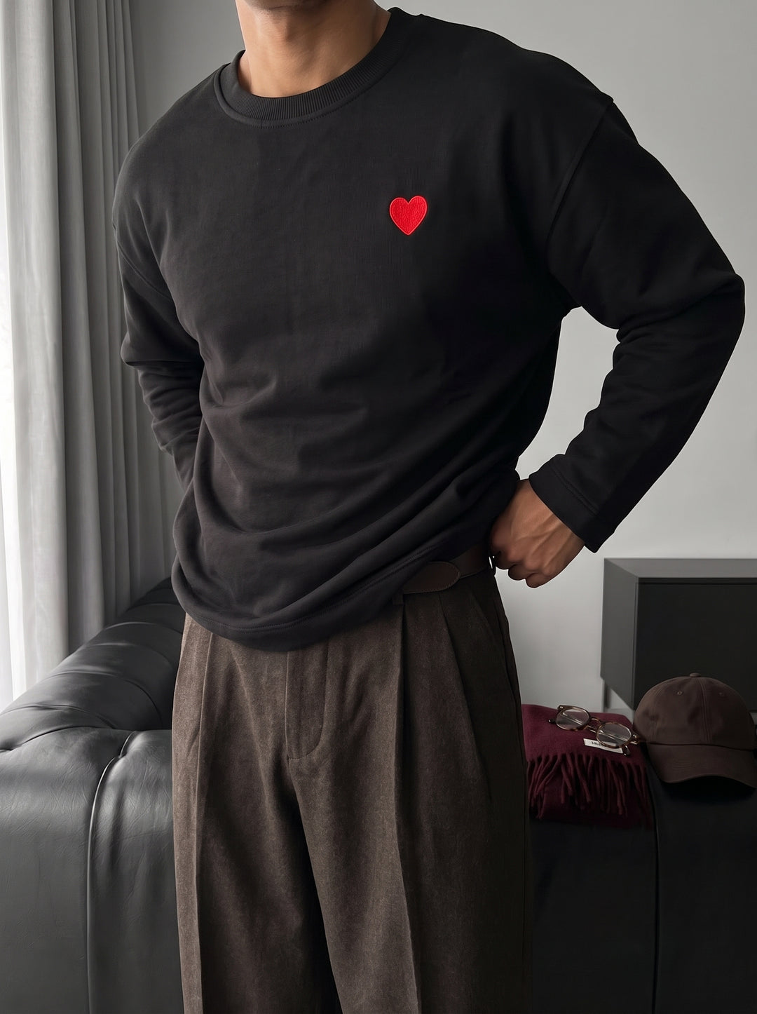 Oversize Heart Detailed Sweatshirt - Black