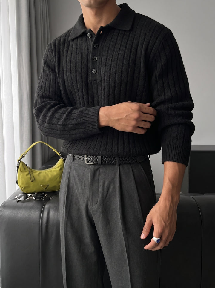 Loose Fit Polo Knit Pullover - Black