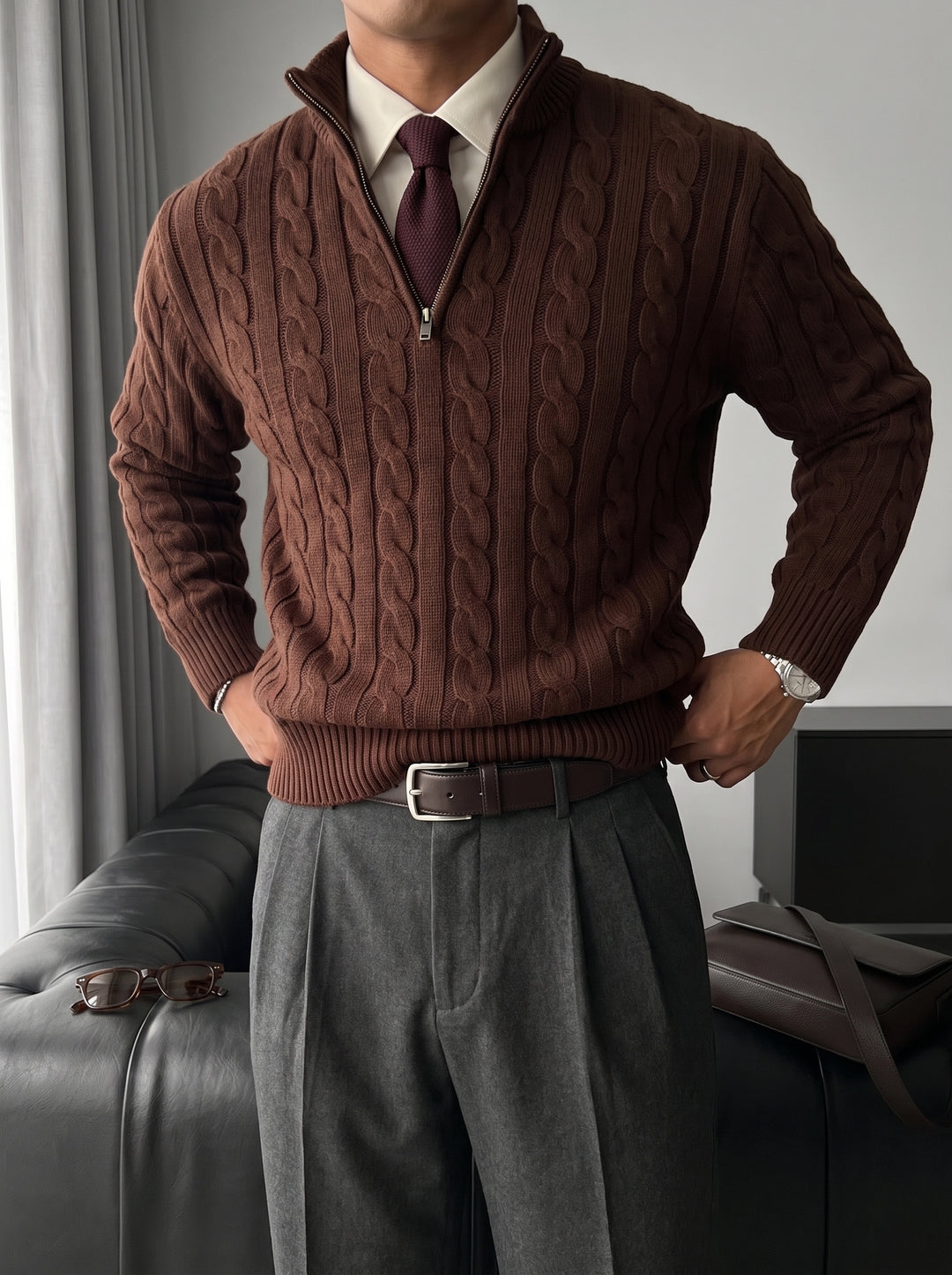 Oversize Collar Braid Pullover - Dark Brown