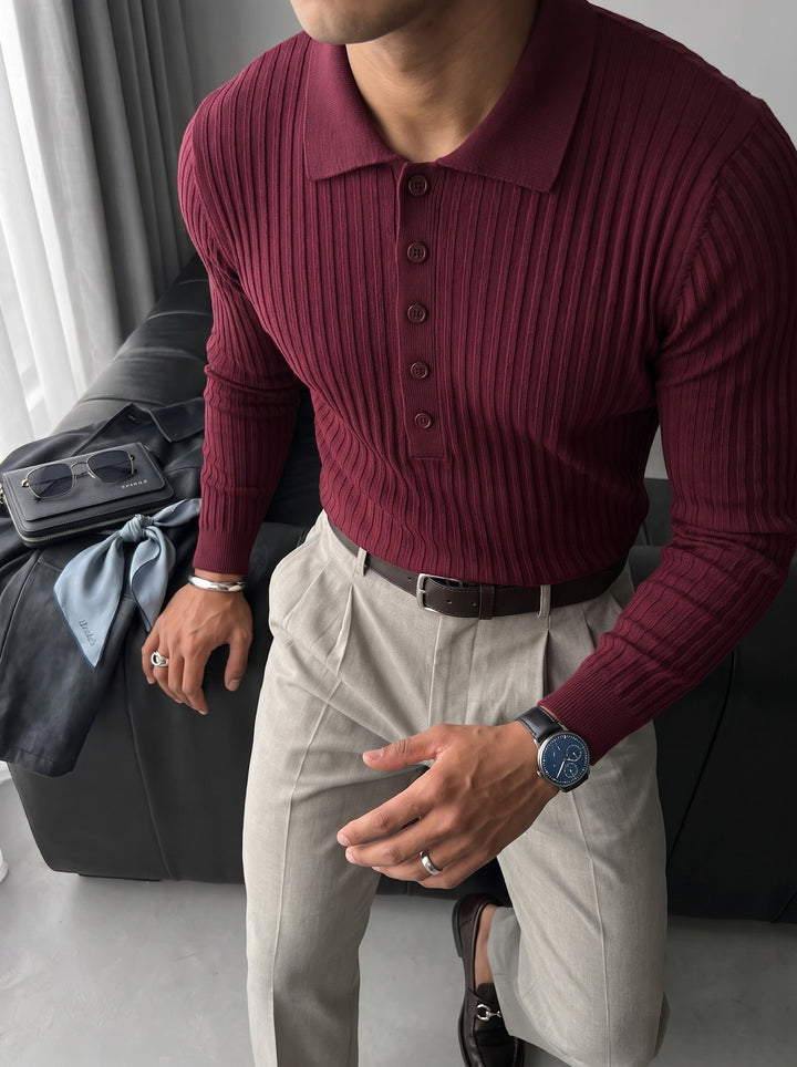 Slim Fit Polo Knit Sweater - Plum