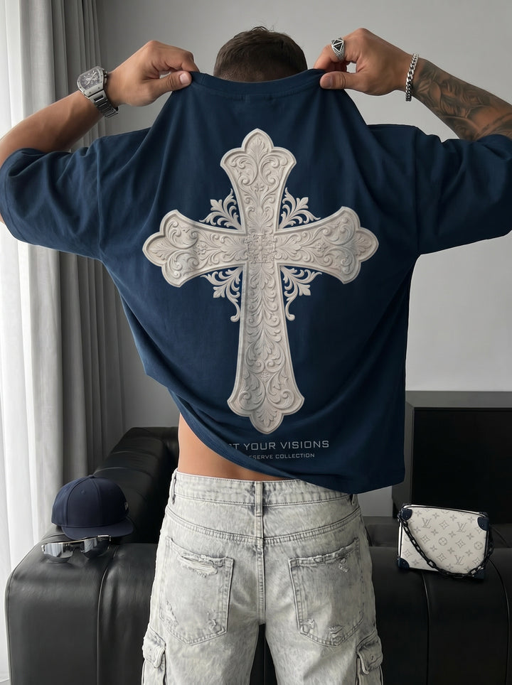 Oversize Cross T-shirt - Navy Blue