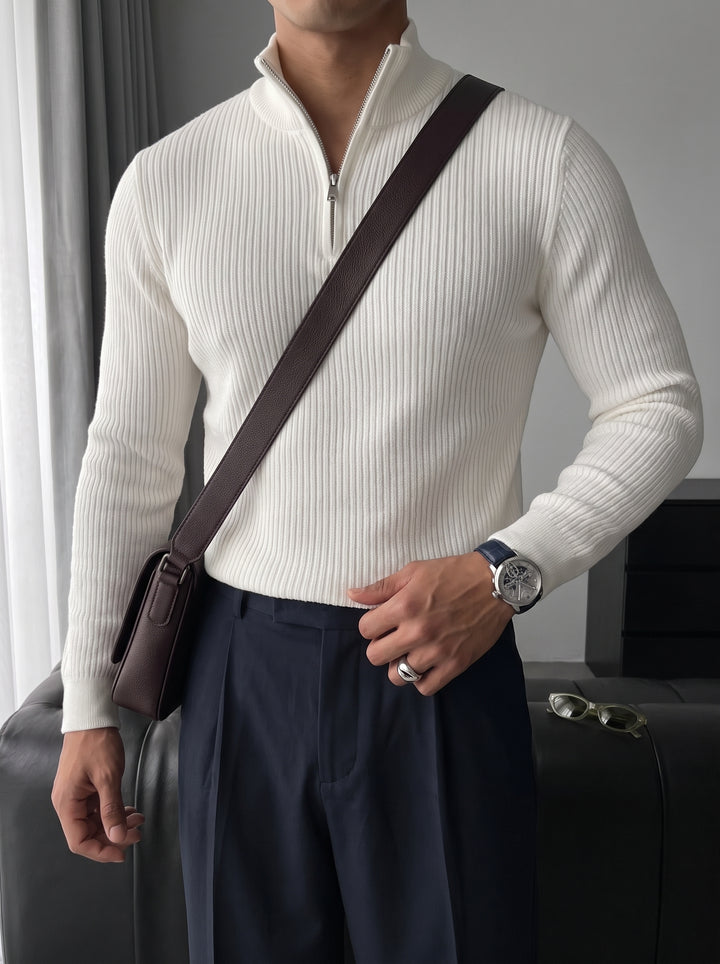 Slim Fit Half Zip Textured Sweater - Ecru