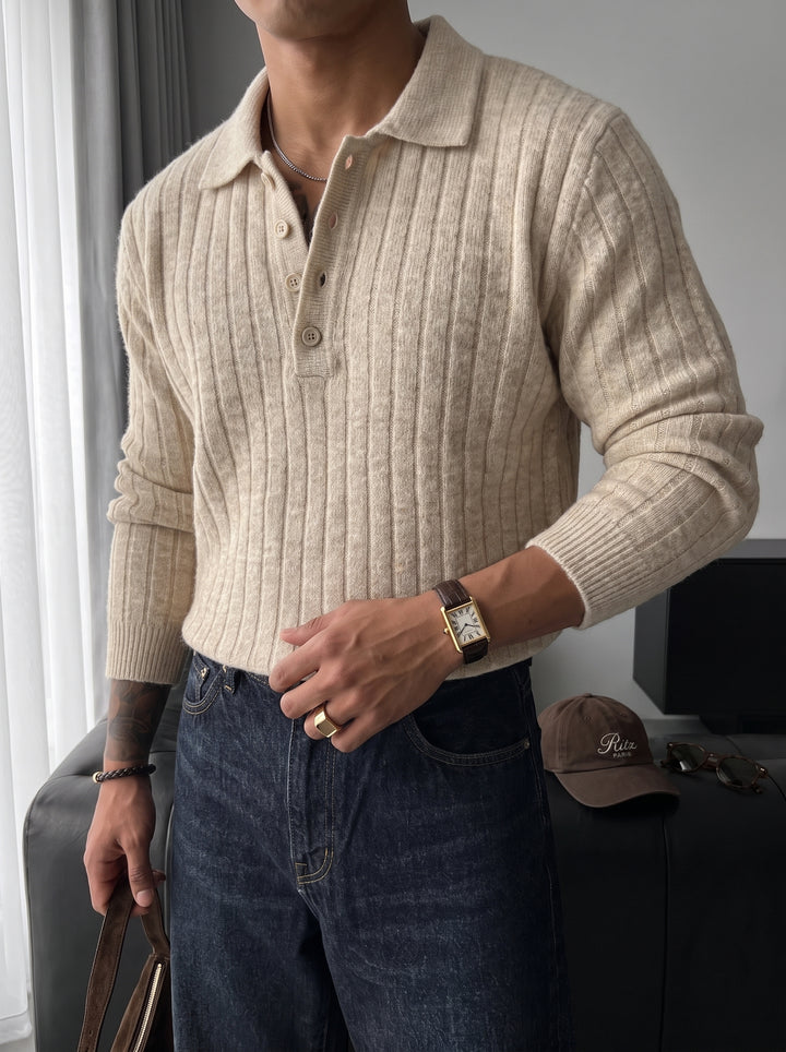 Loose Fit Polo Knit Pullover - Beige