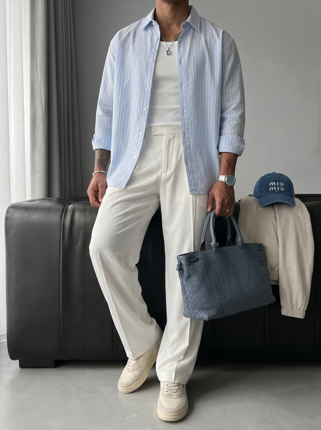 Oversize Cotton Thin Striped Shirt - Babyblue