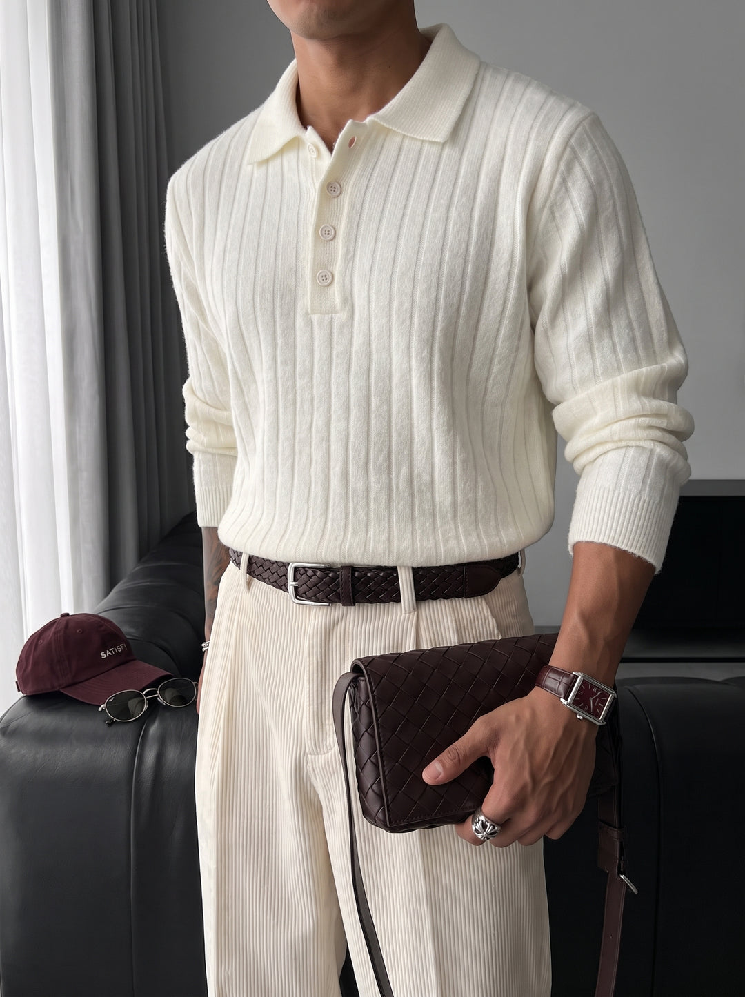 Loose Fit Polo Knit Pullover - Ecru