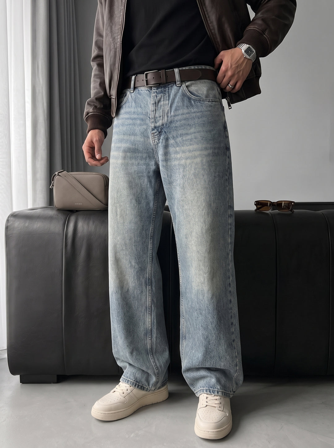Baggy Fit Washed Jeans - Blue