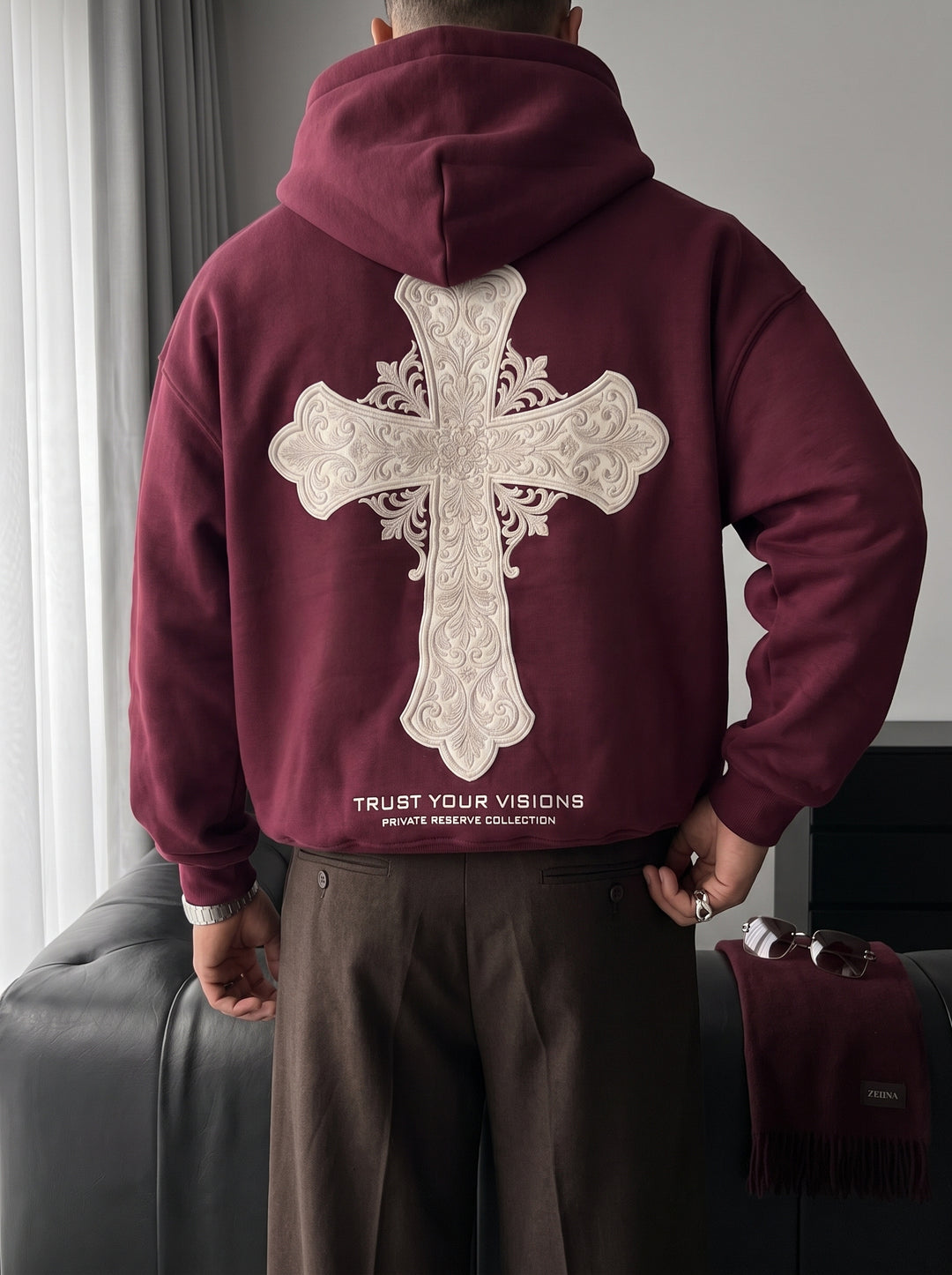 Oversize Cross Hoodie - Bordeaux