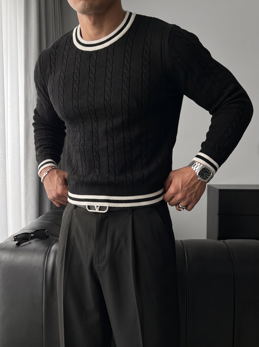 Regular Fit Braid Knit Sweater - Black