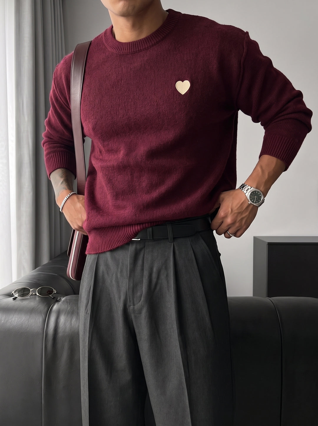 Loose Fit Heart Detail Sweater - Plum