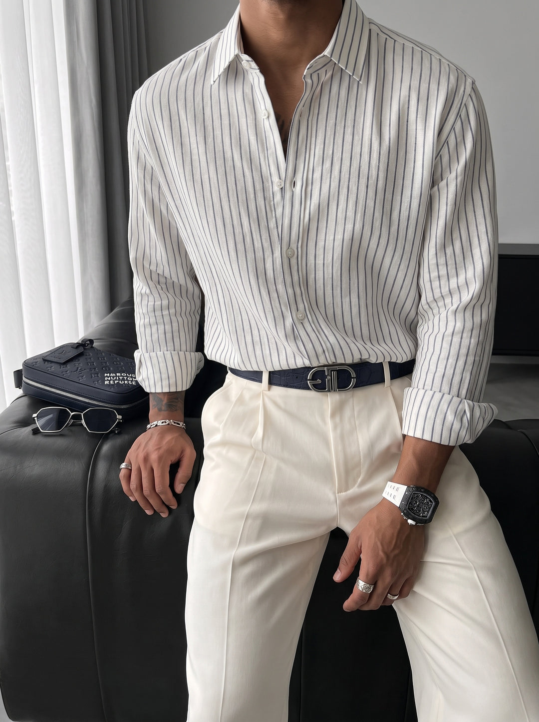 Oversize Cotton Thin Striped Shirt - White