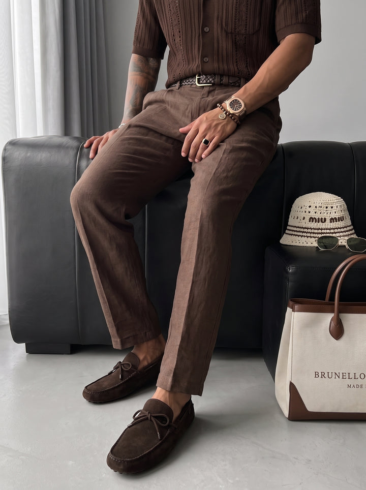 Loose Fit Linen Trousers - Dark Brown