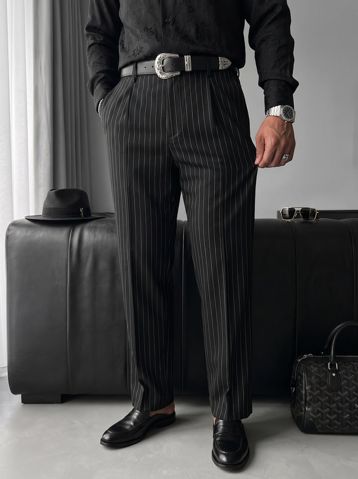 Loose Fit Striped Trousers - Black