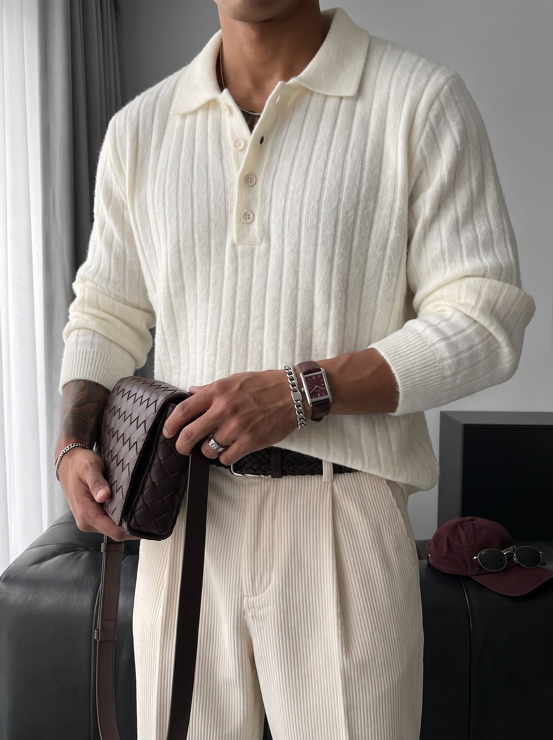 Loose Fit Polo Knit Pullover - Ecru