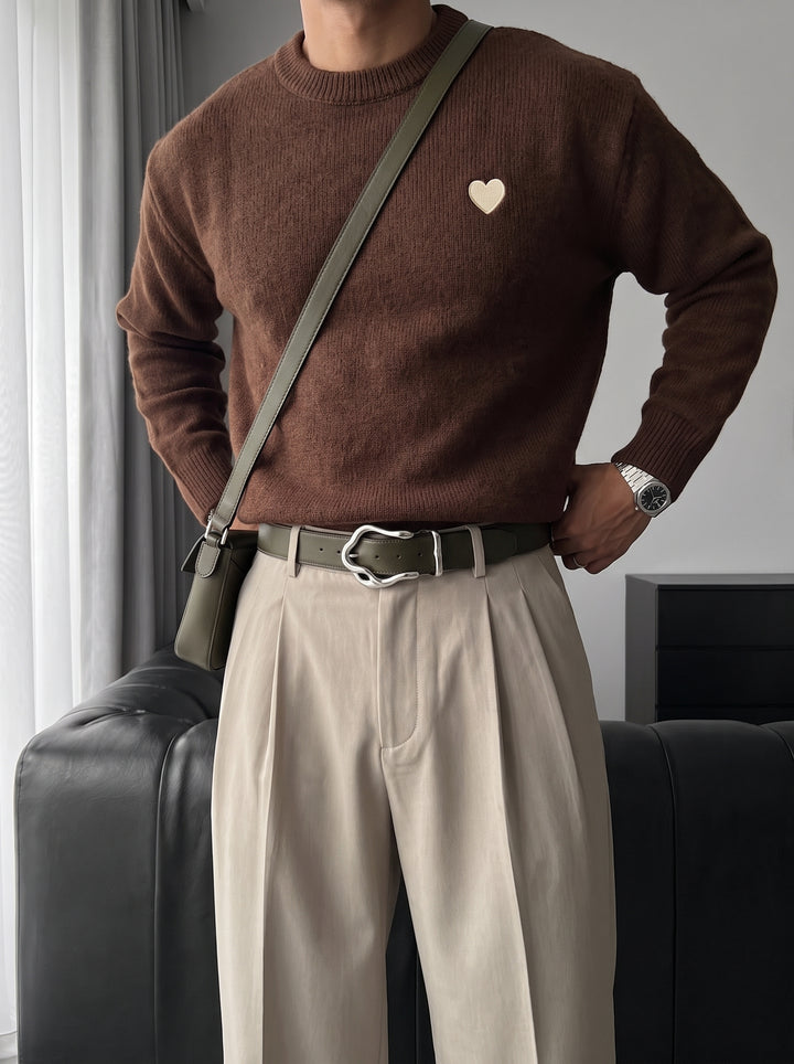 Loose Fit Heart Detail Sweater - Brown