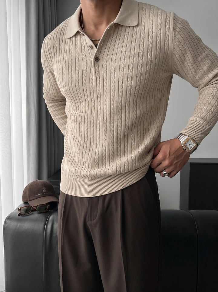 Slim Fit Textured Polo Knit Sweater - Beige