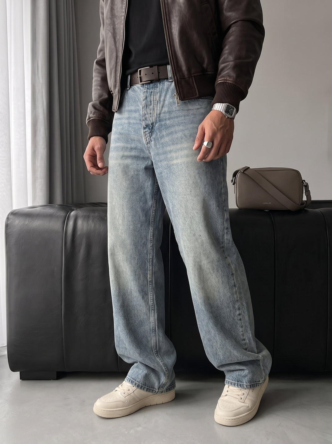 Baggy Fit Washed Jeans - Blue